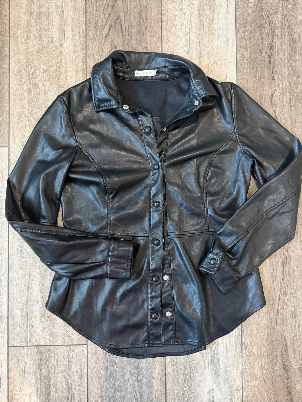 Avec Les Filles Black Faux Leather Button-Front Jacket 90s Grunge